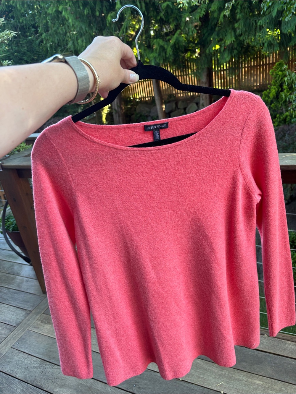 Eileen Fisher Coral-Pink Boatneck Knit Top 100% Merino Wool